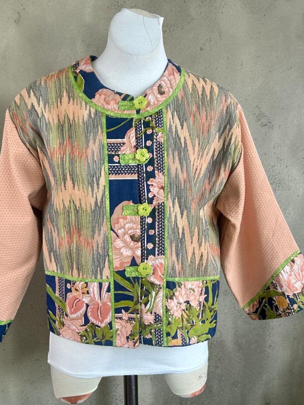 Handmade Patchwork Tapestry Jacket Green Floral Buttons Reversible Possibly